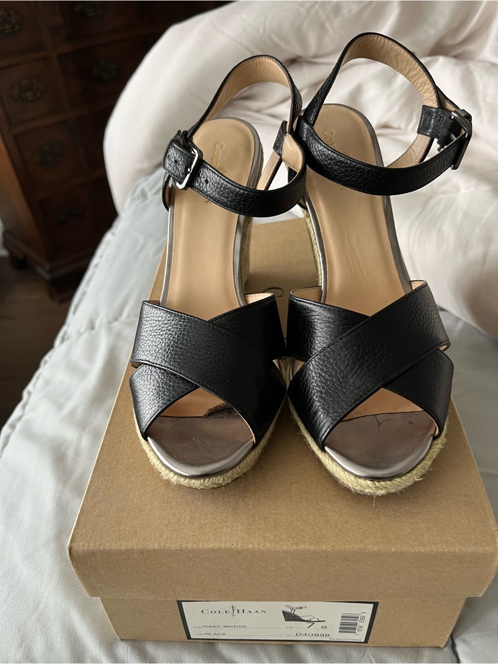 Cole Haan Black Leather Espadrille Wedge Sandals with Ankle Strap